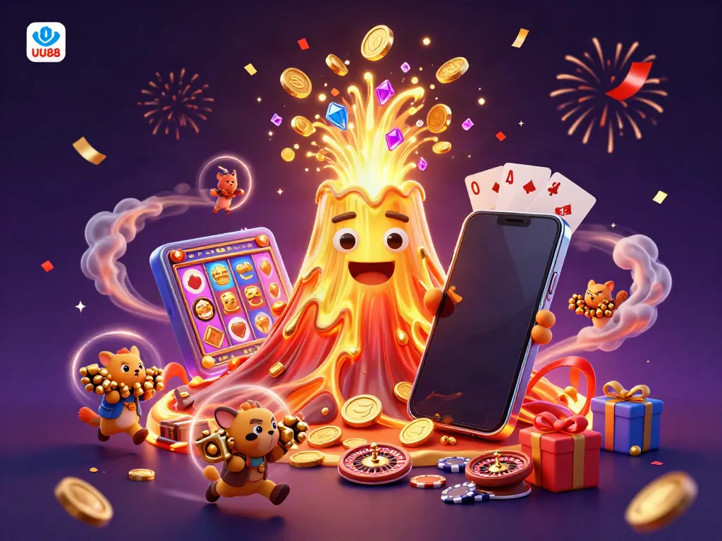 Experience thrilling wins with UU88's vibrant casino atmosphere, featuring erupting treasures and exciting game elements.